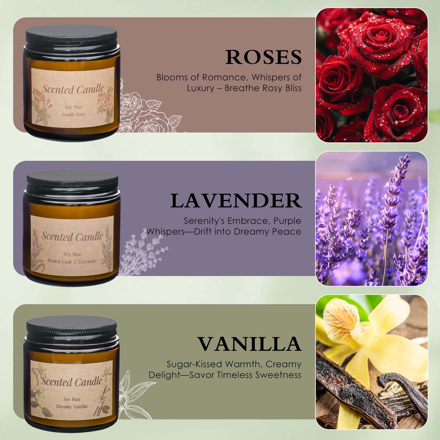 Rancco 3 Packs Scented Candles Set, Soy Candle for Home Scented, Floral Aromatherapy Jar Candles for Women & Men Ideal Gift for Birthdays, Anniversaries, Graduations(Vanilla Lavender Rose)