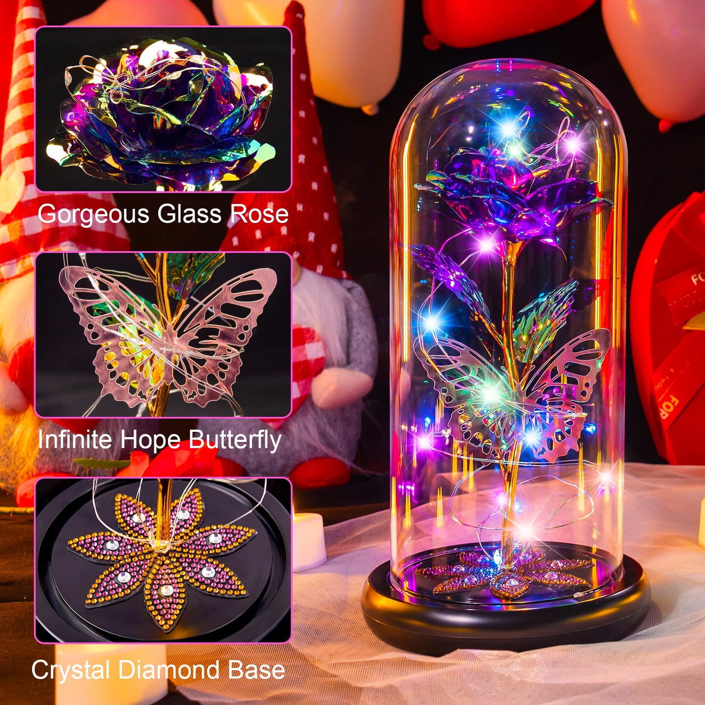 Gifts for Women Mom Birthday Gift, Galaxy Glass Rose Flower Gifts Forever Eternal Crystal Light Up Rose in Glass Dome with Butterfly Mothers Day for Her Mom Wife Daughter Sister Purple