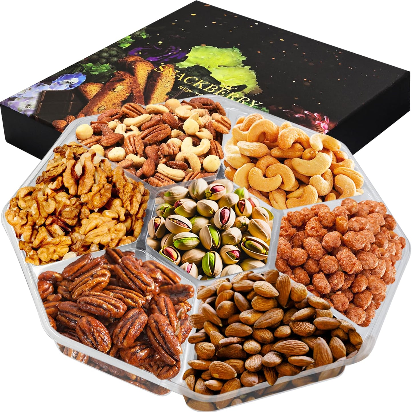 Gourmet Mixed Nuts Gift Basket in Black Gift Box (7 Assortments) Arrangement Fruit & Nut Gift - Care Package For Birthday, Sympathy, Get Well Men, Woman & Families