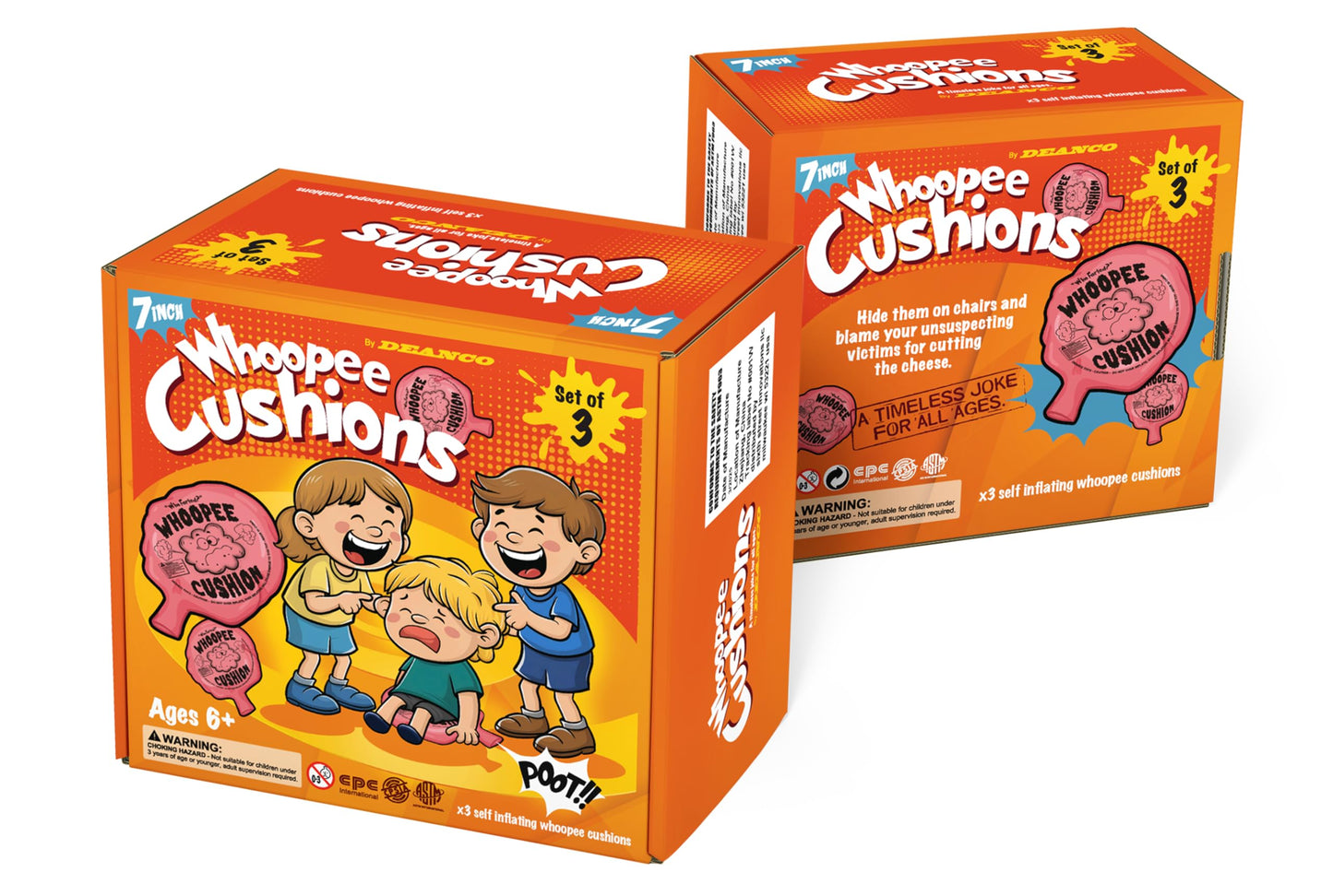 Whoopie Cushion 3 Pack - Three 7 inch Self-Inflating Whoopee Cusions Premium Rubber for Louder Fart Sound, Gag Gifts for Kids and Adults, April Fools Pranks