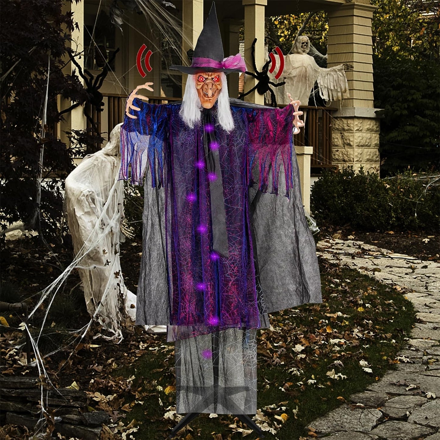 yosager 6FT Halloween Standing Witch with Scary Sound Effect & Red Eyes, Life Size Animated Scream Witch with Base, Halloween Haunted House Scary Props, Theme Park Horror Layout Party Decoration
