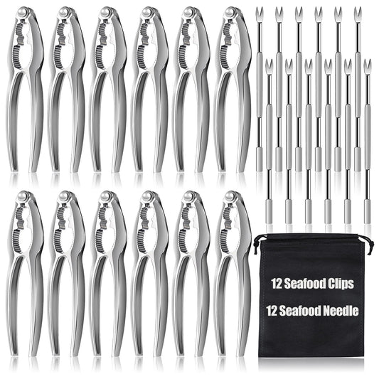 24 Pcs Crab Leg Crackers Set, 12 Nut Crackers, 12 Stainless Steel Forks, Shellfish Crackers and Tools for Seafood Boil Party Supplies, Dishwasher Safe