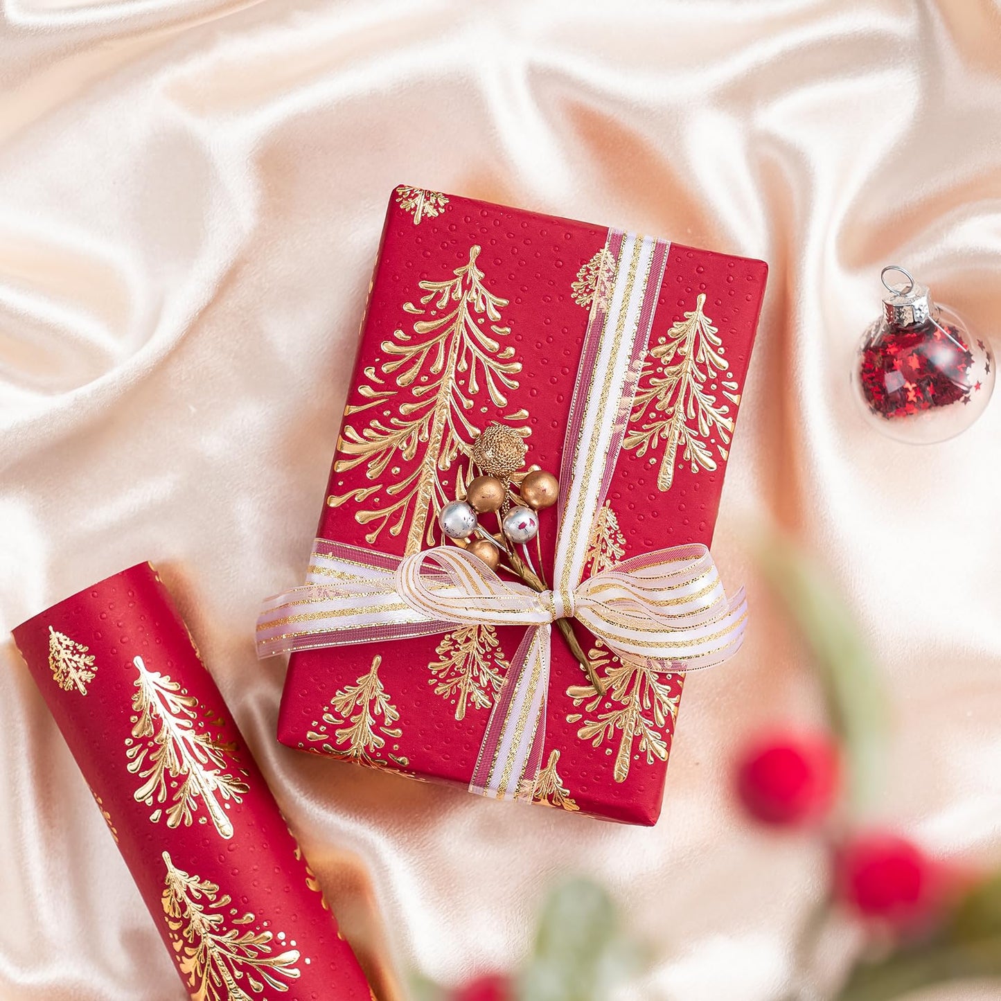 WRAPAHOLIC 30 Inch Jumbo 3D Kraft Christmas Wrapping Paper - 30 Inch x 16.5 Feet - Gold and Red Christmas Tree Wrapping Paper with Embossed Perfect for Holiday, Party Celebration