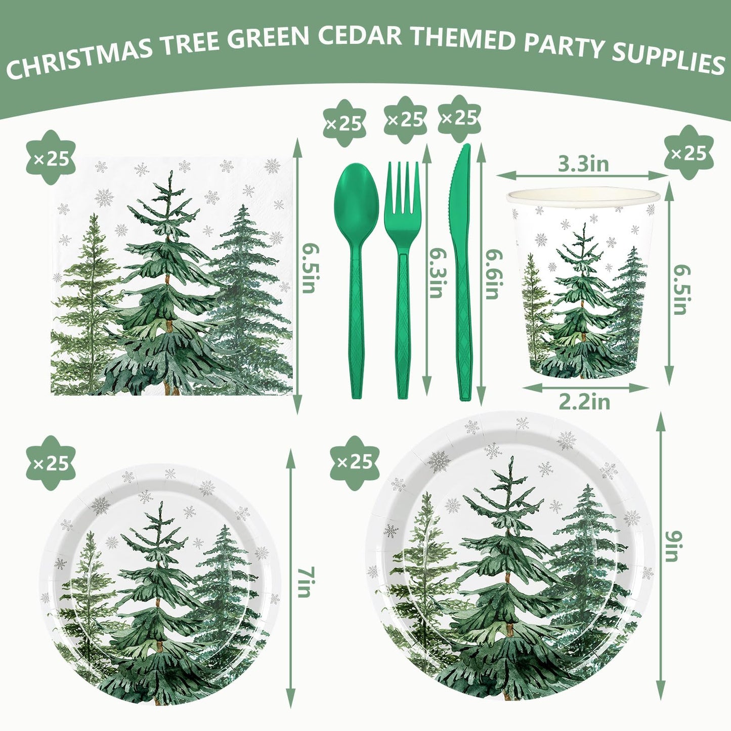 JarThenaAMCS 175Pcs Christmas Tree Party Supplies Kit Green Cedar Tableware Set Xmas Winter Disposable Dinnerware Paper Napkin Plate Cup Plastic Fork Knives Spoon for 25 Guests Party Favor