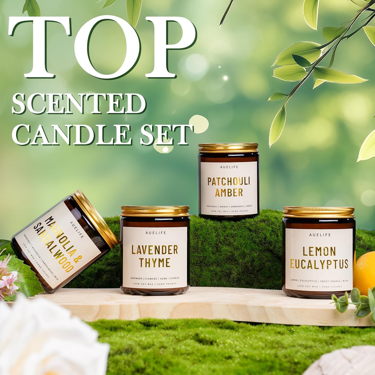 4 Pack Scented Candles Set | Scented Candles for Home, Candle Gifts for Women Men, Soy Candle for Home, Aromatherapy Gift of Amber Patchouli/Lemon Eucalyptus/Lavender/Sandalwood