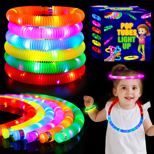 24 pcs Glow Sticks Camping Essentials for Kids, LED Light Up Pop Tubes/Bracelet Party Favors for Kids,Glow in The Dark Party Supplies,Halloween Birthday Gifts Xmas Stocking Goodie Bags Stuffers
