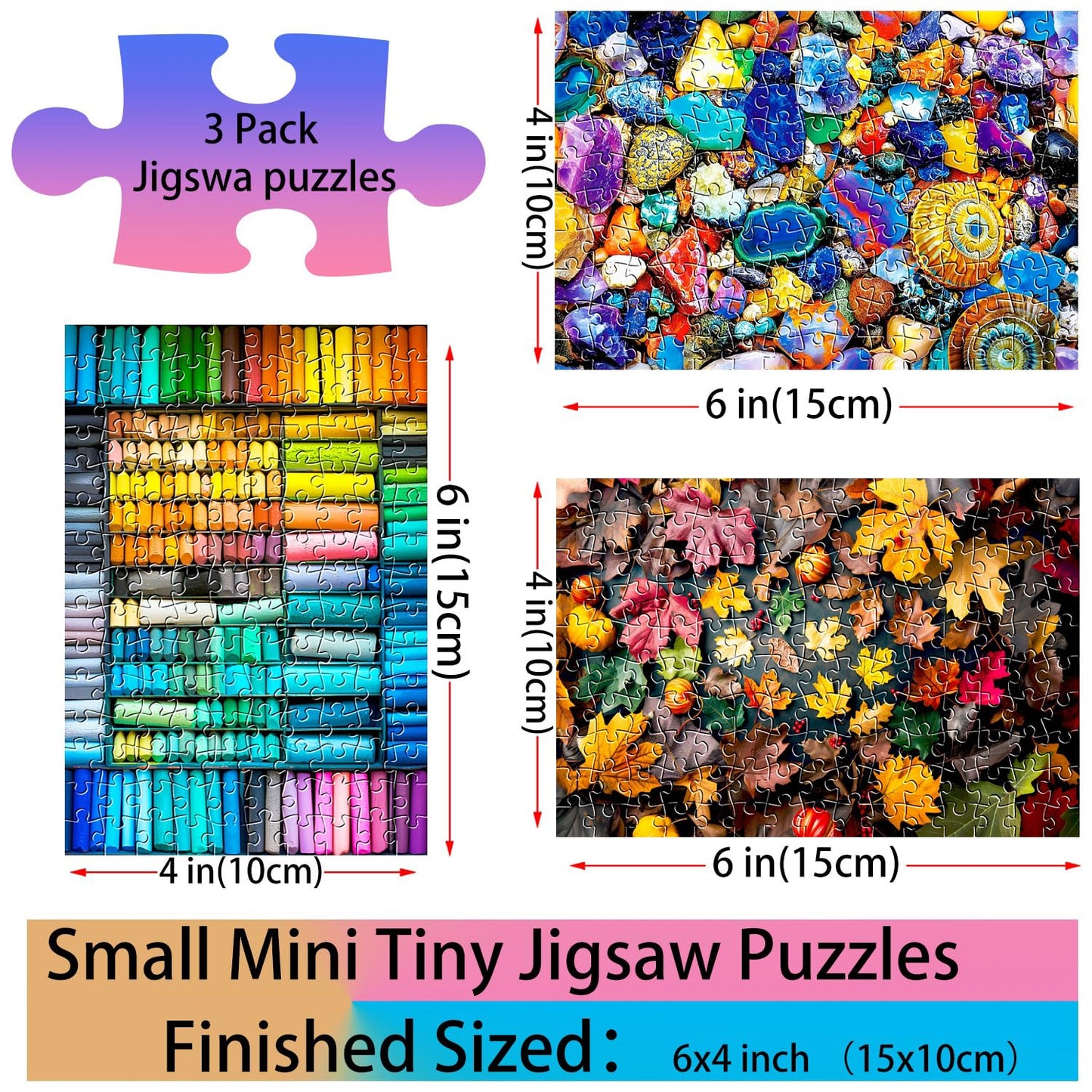 Small Jigsaw Puzzles for Adults 150 Pieces Mini Jigsaw Puzzles Challenging Colorful Leaf&Crayon Puzzles 6 x 4 Inches, 3 Pcs,Mini Easel Included