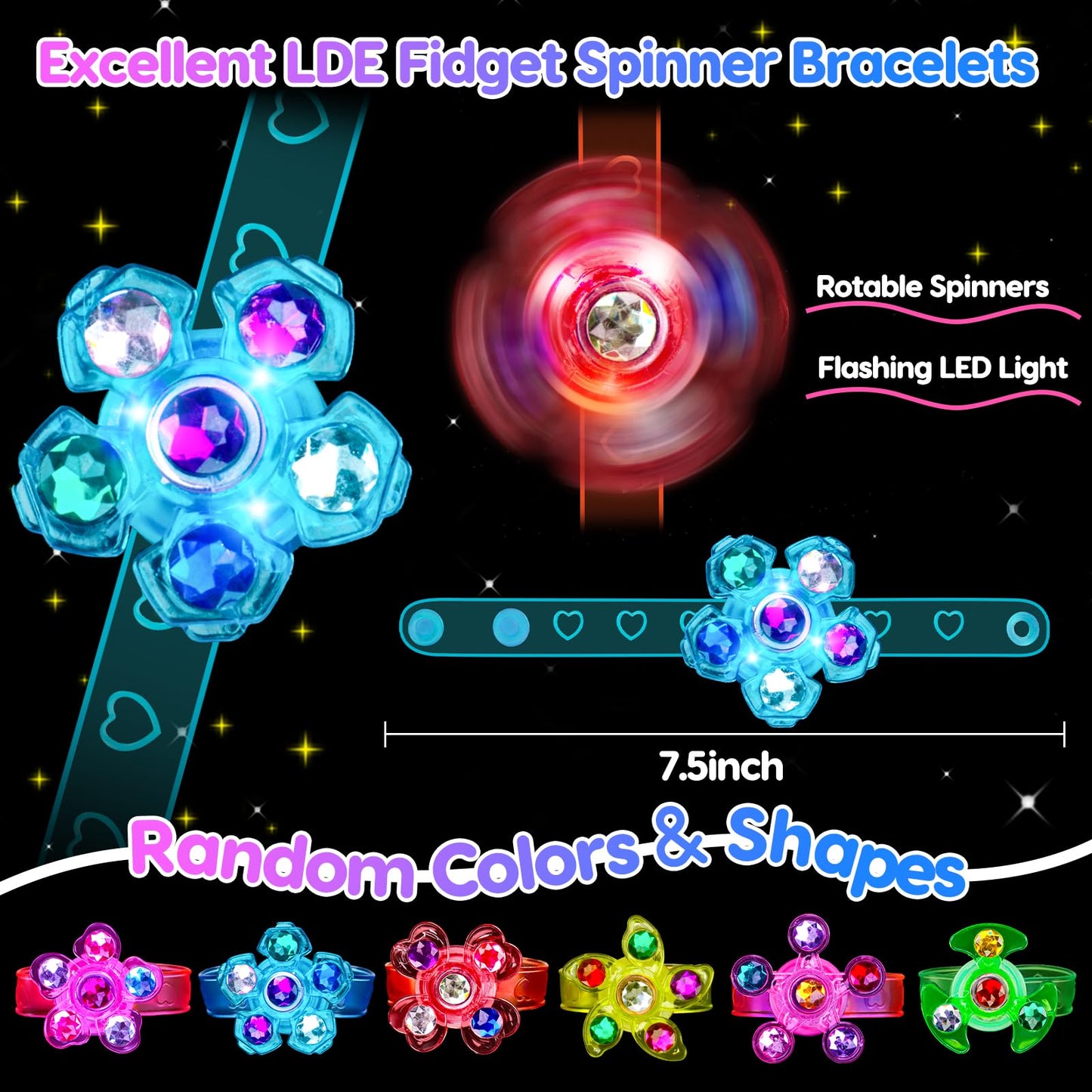 24PCS LED Light Up Fidget Spinner Bracelets Glow Party Favors Bulk for Kids 4-8 8-12 Halloween Goodie Treat Bag Stuffers Classroom Treasure Box Toys Carnival Prizes Pinata Filler Birthday Return Gifts