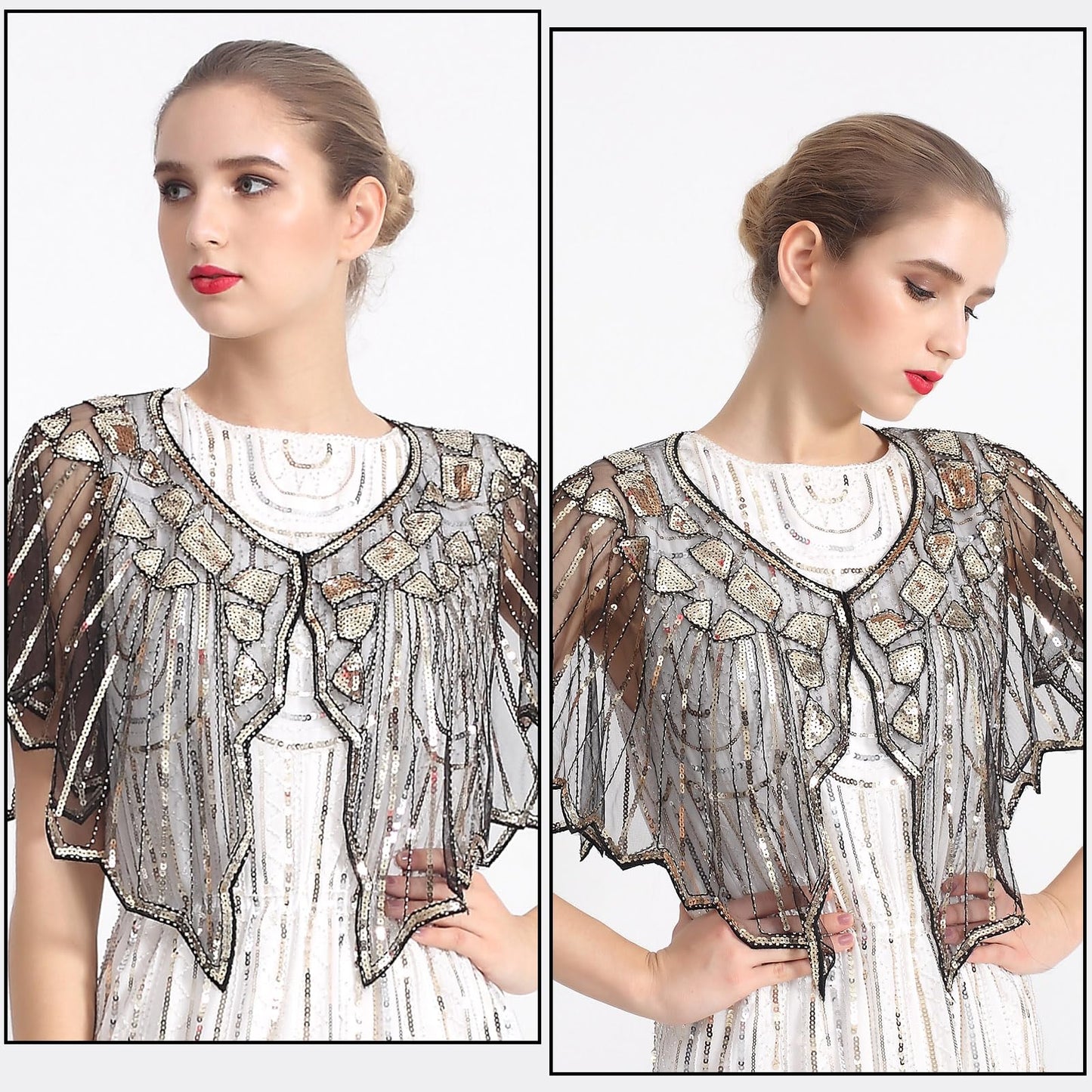 ELECLAND 10 Pieces 1920s Flapper Accessories Set Fashion Roaring 20's Theme Set with Headband Headpiece Long Black Gloves Necklace Earrings for Women (Black Gold)