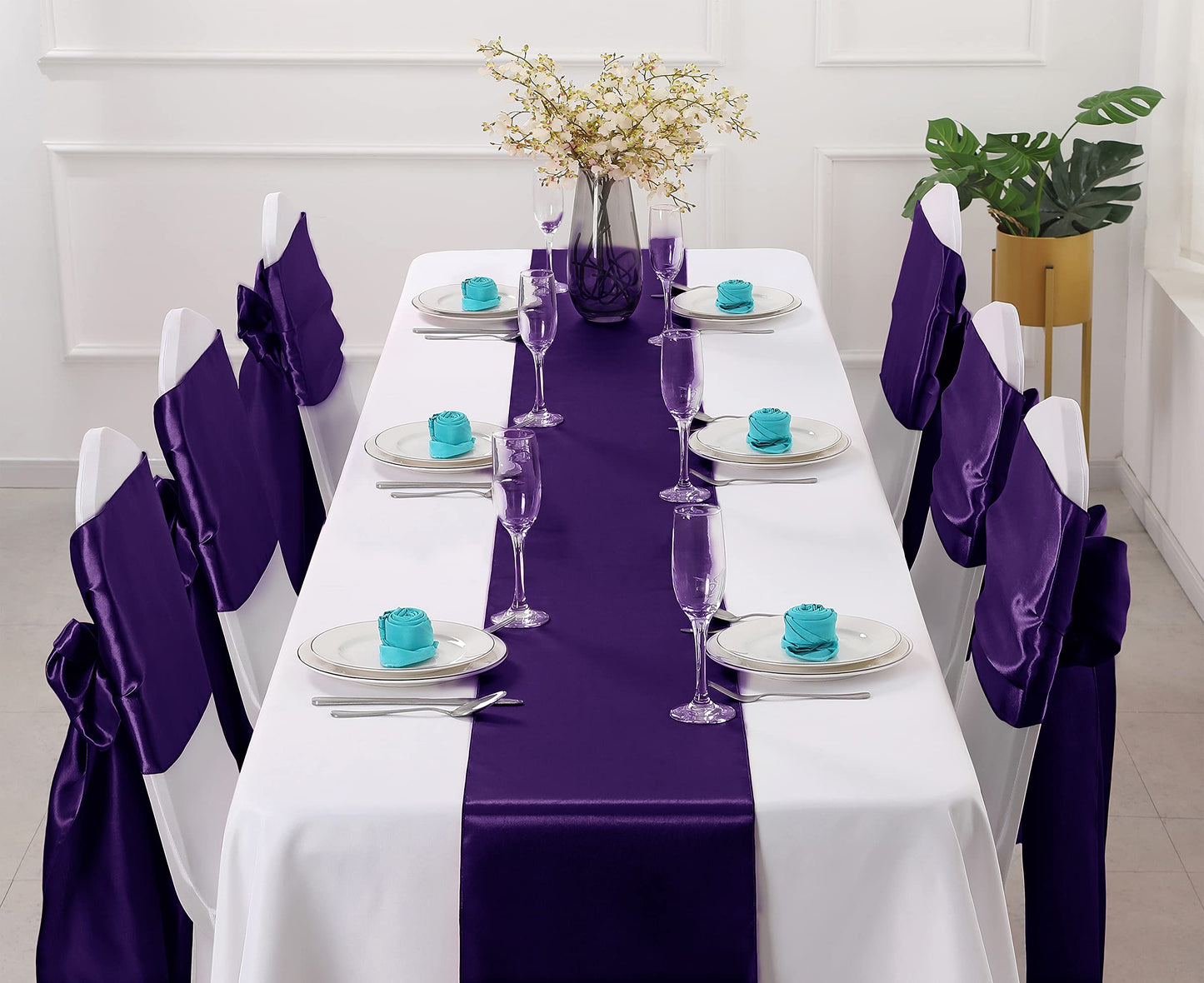 Horbaunal 12 Pack Purple Satin Table Runner 12 x 108 Inch, Smooth Table Runners for Wedding Banquets Birthday Party
