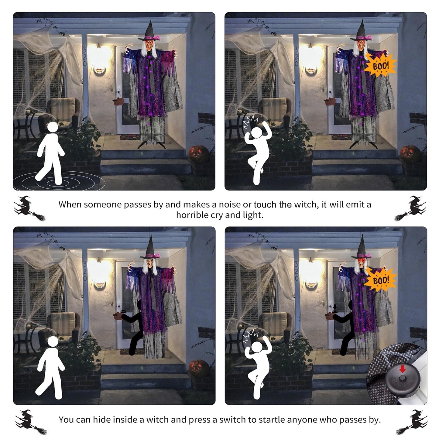 yosager 6FT Halloween Standing Witch with Scary Sound Effect & Red Eyes, Life Size Animated Scream Witch with Base, Halloween Haunted House Scary Props, Theme Park Horror Layout Party Decoration