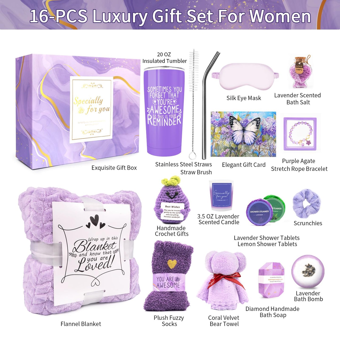 Gifts for Women Spa Basket, Lavender Spa Gift Basket,16 Pcs Self Care Package for Women, Mom, Wife, Girlfriend, Sister, Unique Get Well Sets for Birthday, Mother's Day, Christmas, Valentine's Day