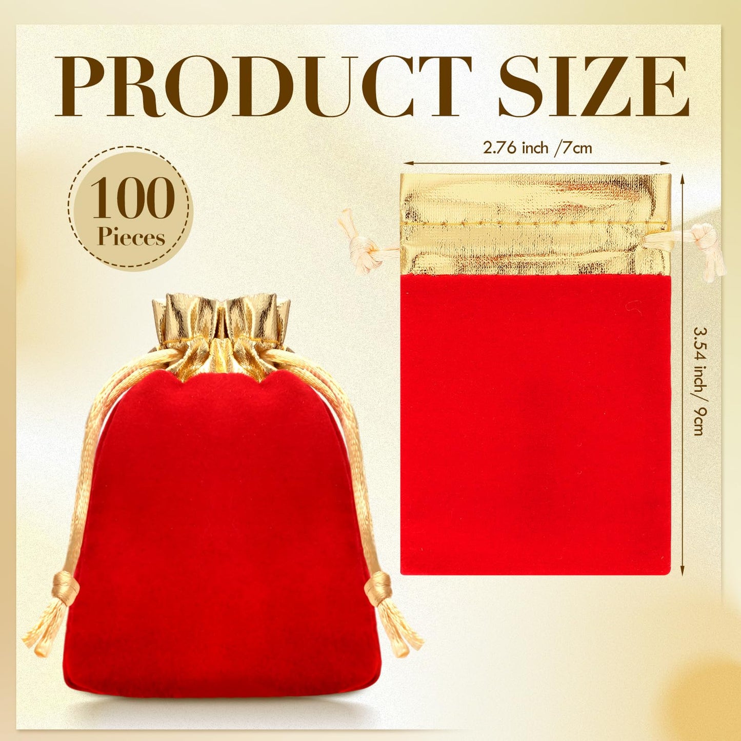 Sweetude 100 Pieces Velvet Drawstring Bags Jewelry Pouches for Christmas 2.76 x 3.54 Inches Wedding Mini Gift Bags for Christmas, Party Favors (Gold Opening Red)