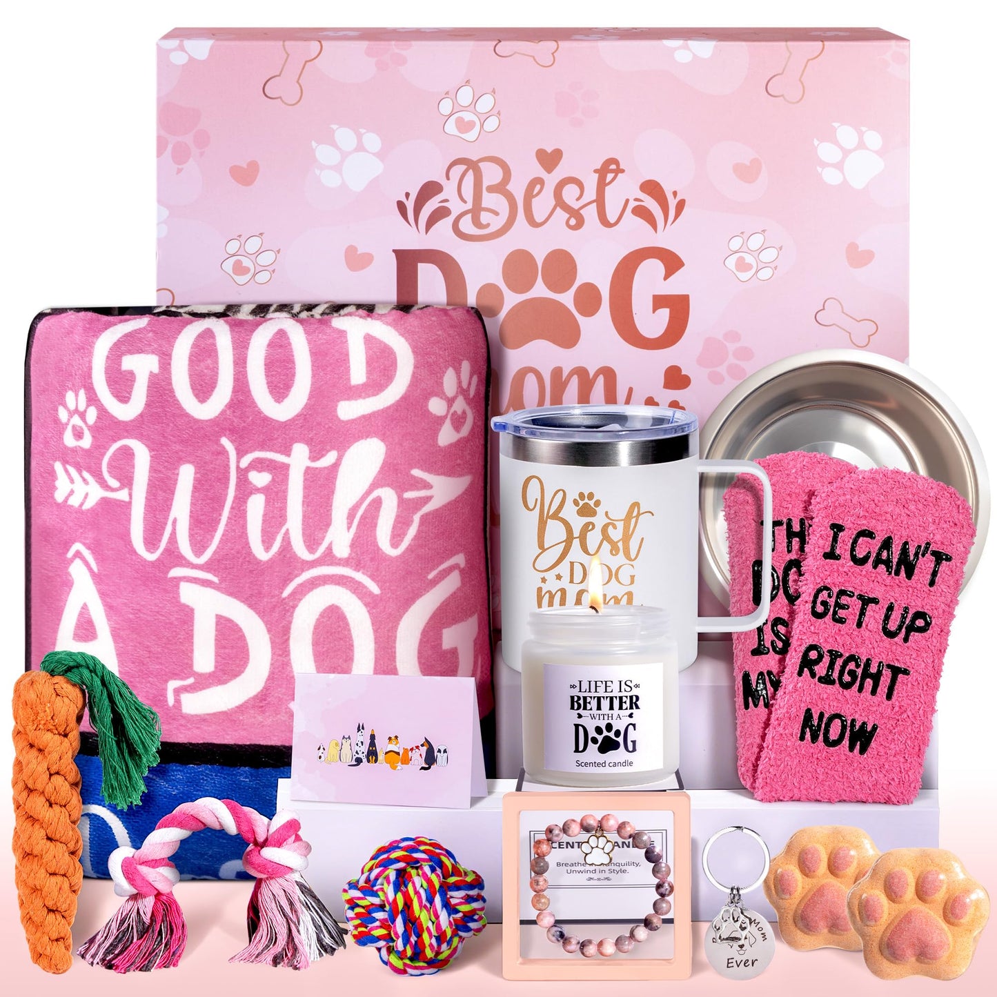 13Pcs Best Dog Mom Gifts for Women, Gift Baskets, Unique Dog Mom Birthday Gifts for Dogs Lovers, with Luxurious Flannel Blankets Gift for Owners for Birthdays, Christmas, and Mother's Day
