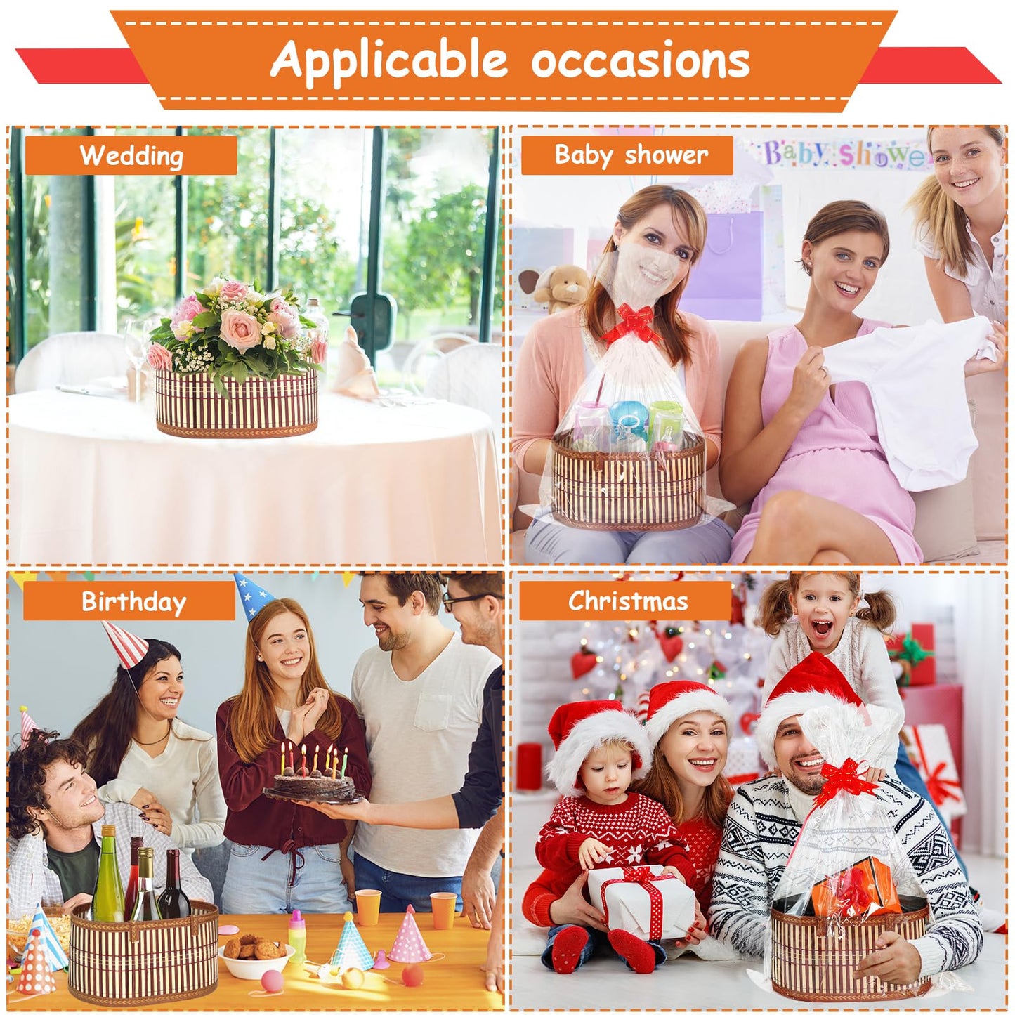 3 Set Baskets for Gifts Empty, Large Woven Bamboo Gift Basket Kit with Handles, Sturdy Empty Gift Baskets to Fill for Baby Shower, Birthday Party Wrapping Gift -3 Cellophane Wrap Bags,3 Gift Cards