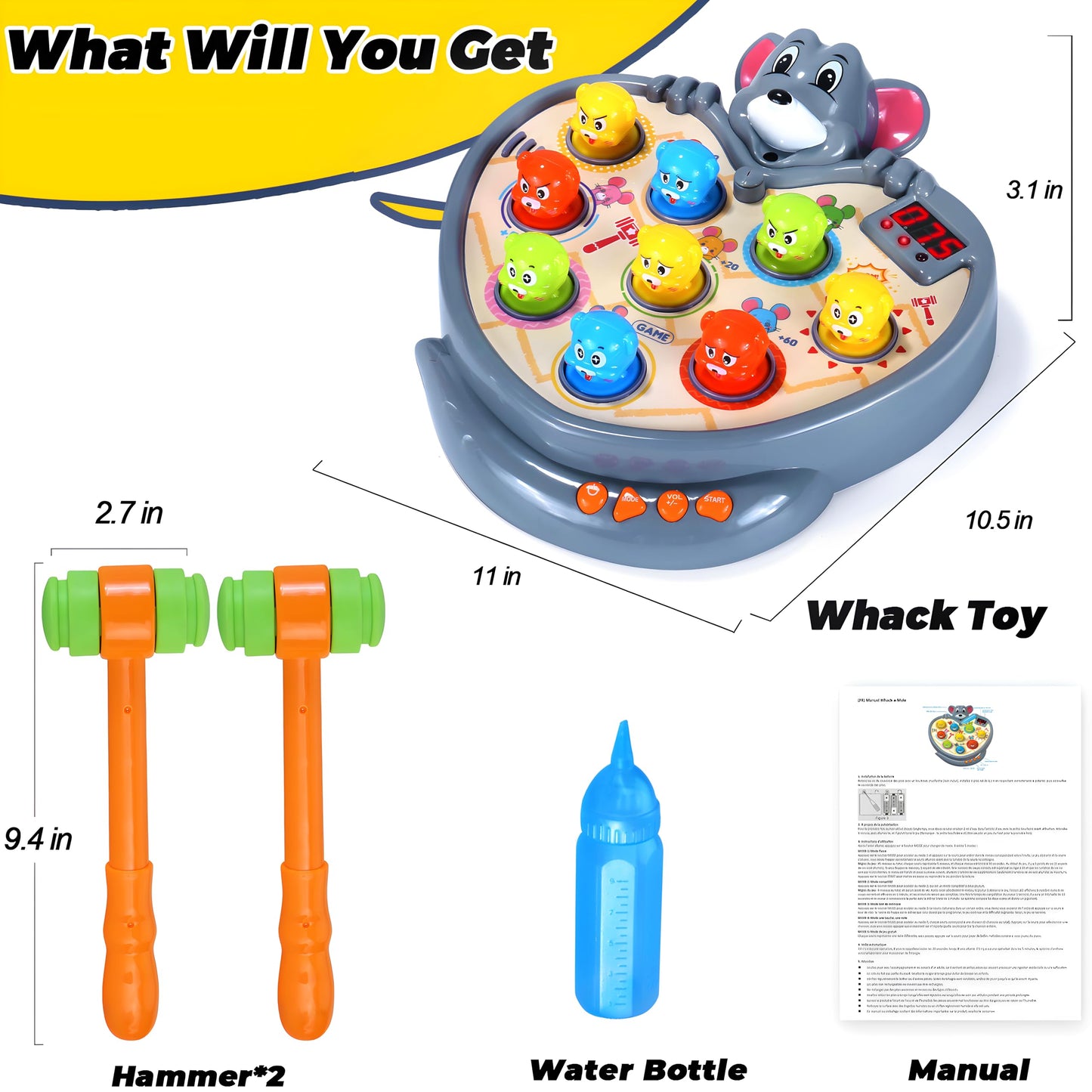 Yerloa Game for Toddlers 2 3 4 5 Year Old Boy Toys Christmas Unique Gift Kids Toys Ages 2-4 4-6 2-3 3-5 4-8 Interactive Learning Educational with Spray 2 Hammers, 5 Modes, 9 Music & Light