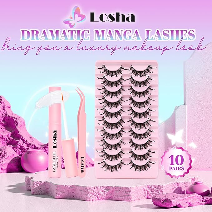 Losha Lashes Spiky Manga Lashes Wet Look Dramatic False Eyelashes 10 Pairs D Curl Cat Eye Lashes Kit with Lash Glue and Lash Tweezers Cosplay Anime Fake Eyelashes (Daring)