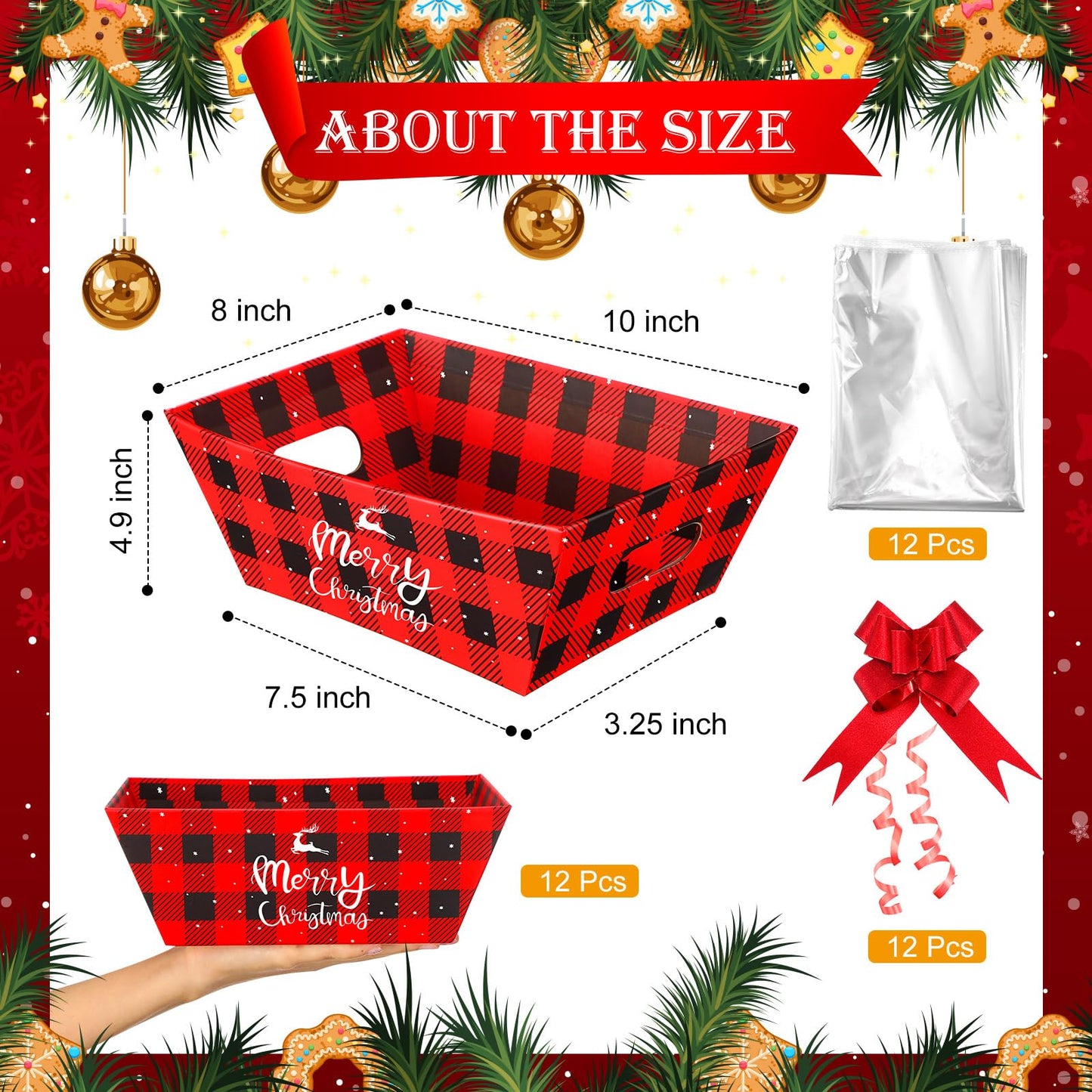Yeaqee 36 Pcs Christmas Baskets for Gifts Empty Set Includes Buffalo Plaid Christmas Basket for Gifts to Fill, Sturdy Cardboard Baskets Bulk 12 Bags 12 Pull Bows for Xmas