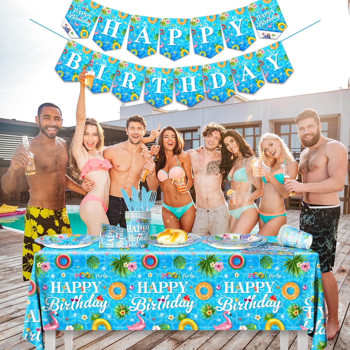 142 Pieces Pool Birthday Party Supplies - Summer Pool Tableware Set Plate,Cups,Tablecloth for Summer Pool Birthday Party, Hawaii Holiday Decorations