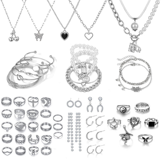 17IF 53 PCS(8 PACK) Silver Plated Jewelry Set with 6 Necklace 11 Ankle Bracelet 30 Kunckle Ring 6 Pair Earring hoop Vintage Boho Pearl for Women and Birthday Travel Holiday