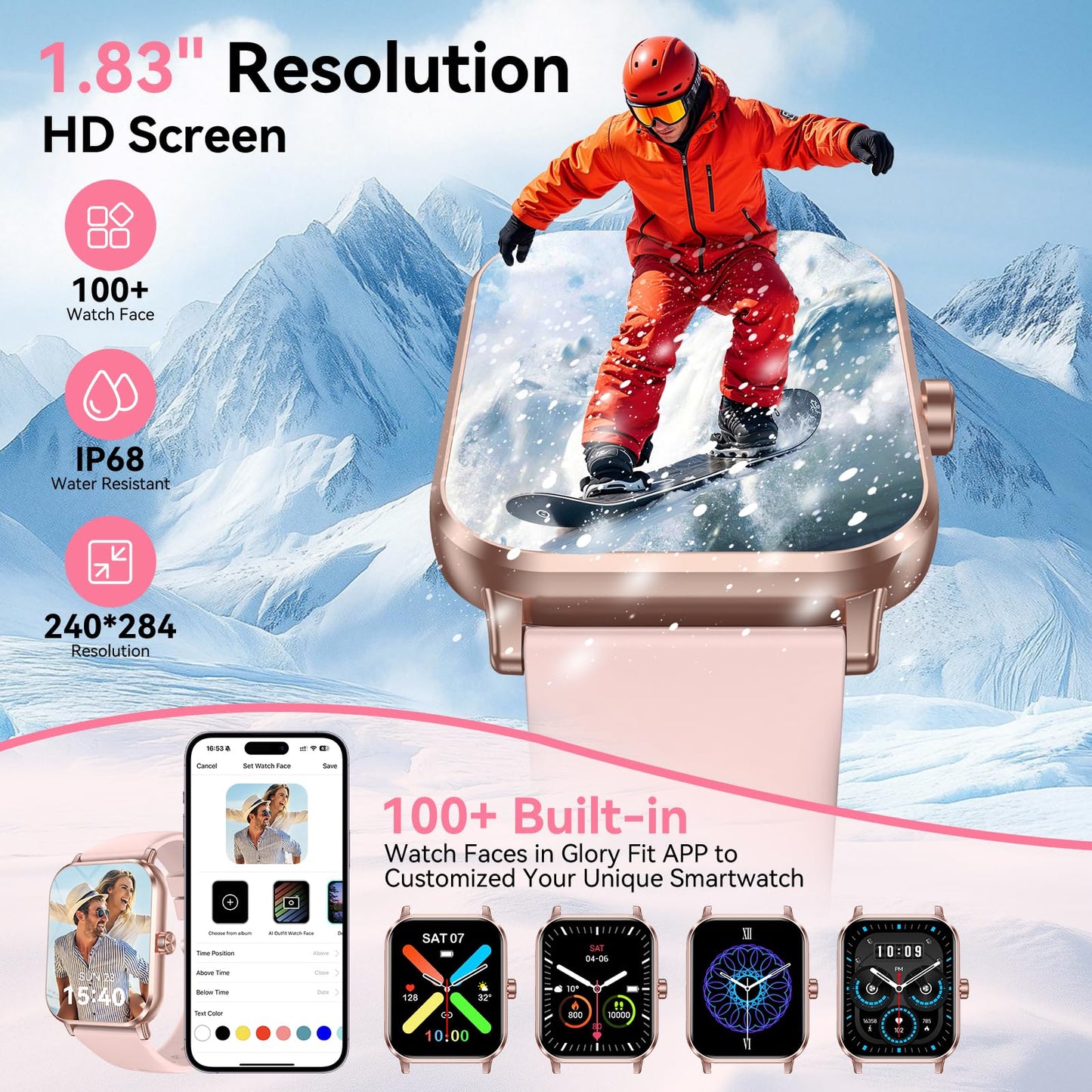 Jacoosa Smart Watch for Men Women, 1.83" HD Touchsreen, Bluetooth Calling, 5 ATM Water-Resistance, 130+ Sports Modes, Health, Fitness & Sleep Tracker, Timer, Fitness Watch for Android/iOS, Pink