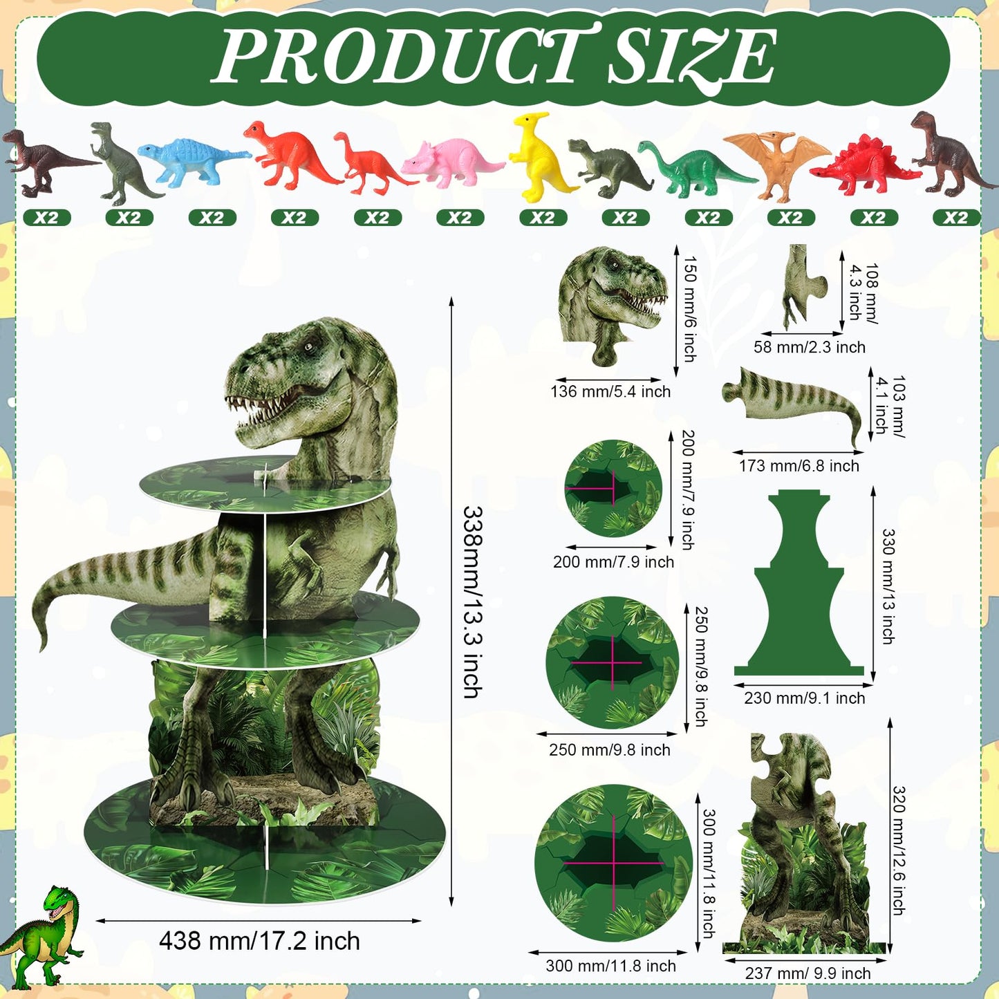 Censen 3 Tier Dinosaur Cupcake Stand Party Decorations Dinosaur Cupcake Holder 24 Pcs Dinosaur Figure Toys Cupcake Toppers Dinosaur Dessert Tower for Boys Dinosaur Jungle Theme Birthday Party Supplies