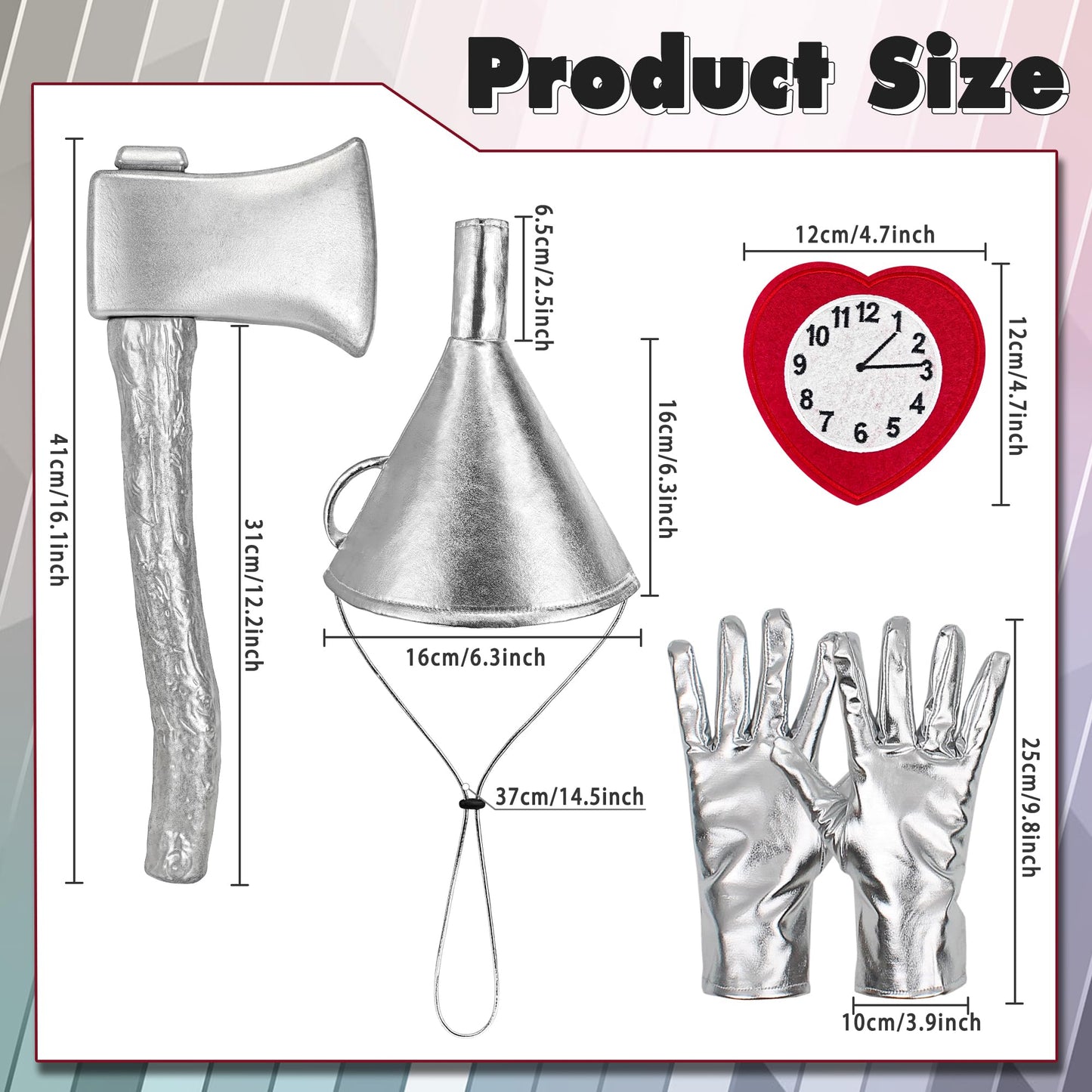 Yezmo 5PCS Tin Costume Accessories, Silver Axe Funnel Hat Set with Heart Clock Brooch Silvery Gloves for Adult Men for Cosplay Party