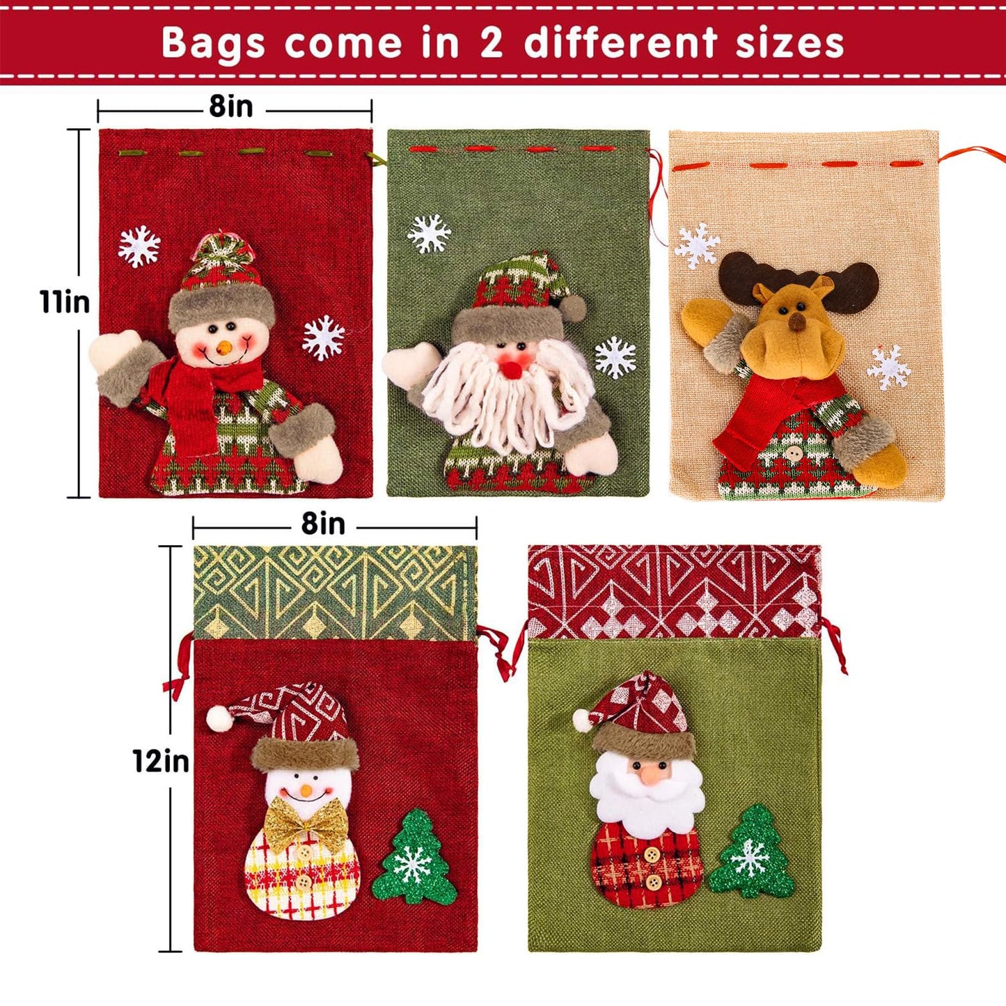 Whaline 3D Xmas Gift & Party Favor Bags Drawstring Handle Xmas Treat Pouch, Snowman Red - 8 x 11in, 8 x 12in (5 Pack)