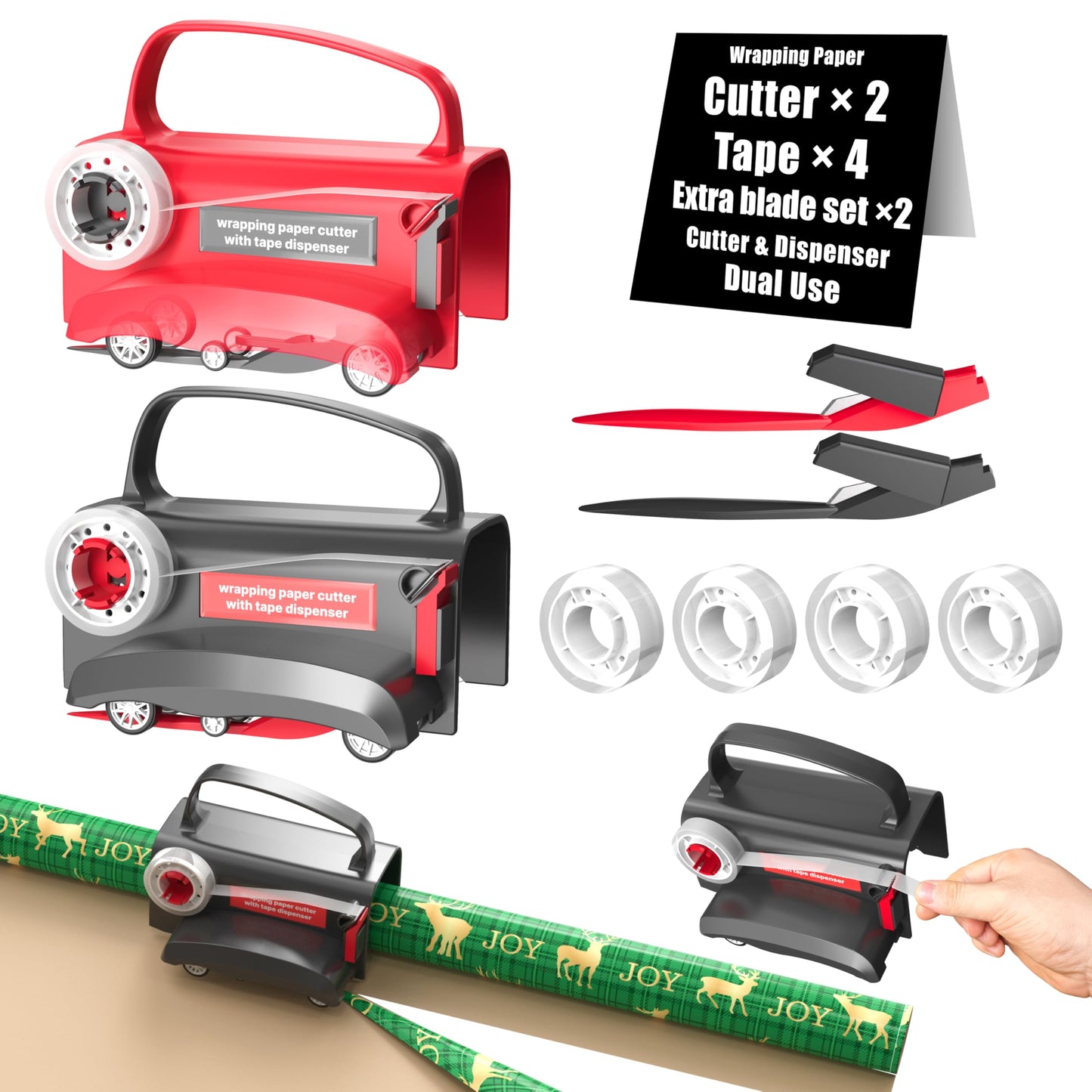 Wraprocut (2-Pack) Wheel Wrapping Paper Cutter & Tape Dispenser with 4 Tapes,2 Replace Blades Kit for Christmas Gift Wrap Cutter Tool Paper Roll Holder Tube Sliding Slicing for Birthday Holiday.