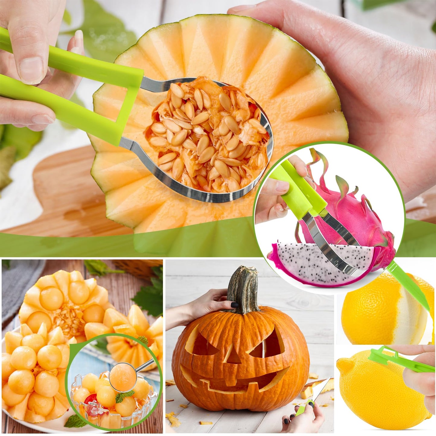 18pcs Melon Baller Scoop Set, FODIENS 4 In 1 Stainless Steel Fruit Slicer Peeler Set, Avocado Slicer Orange Peeler Fruits Vegetables Carving Tools Set with Mini Fruit Cookie Cutters Set