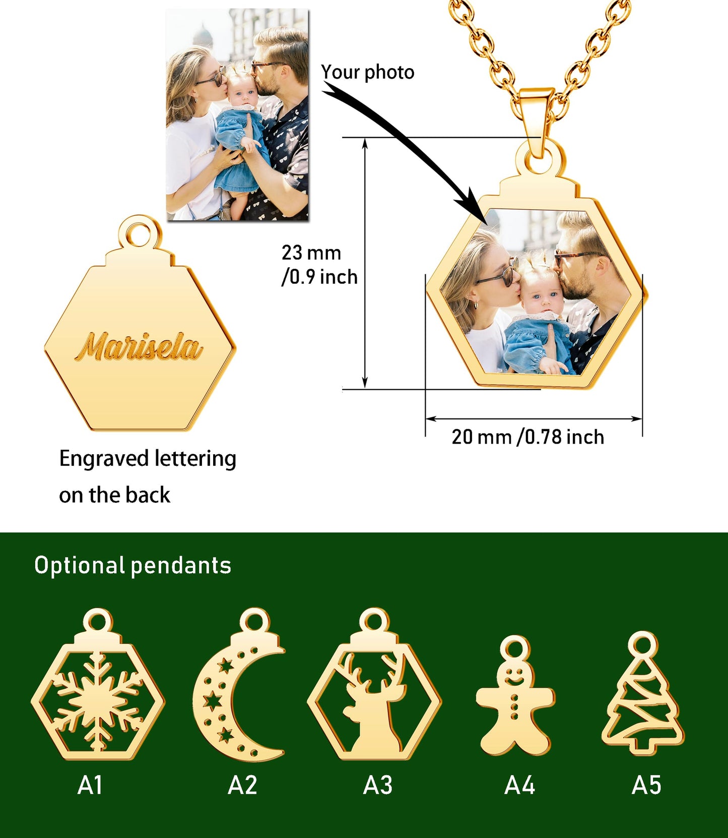 CharmSStory Christmas Tree Snowflake Gingerbread Reindeer Personalized Photo Necklaces Name Necklace Custom Engraved Memory Keepsake Picture Necklace Pendant Customized Gifts for Women Men