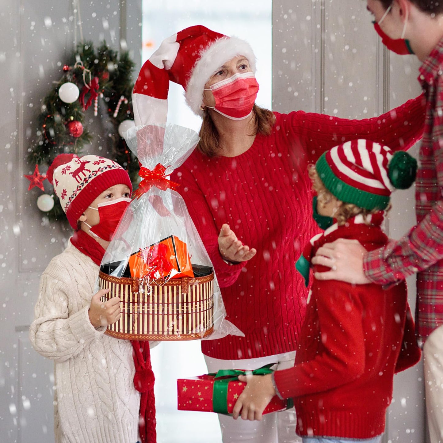 3 Set Baskets for Gifts Empty, Large Woven Bamboo Gift Basket Kit with Handles, Sturdy Empty Gift Baskets to Fill for Baby Shower, Birthday Party Wrapping Gift -3 Cellophane Wrap Bags,3 Gift Cards