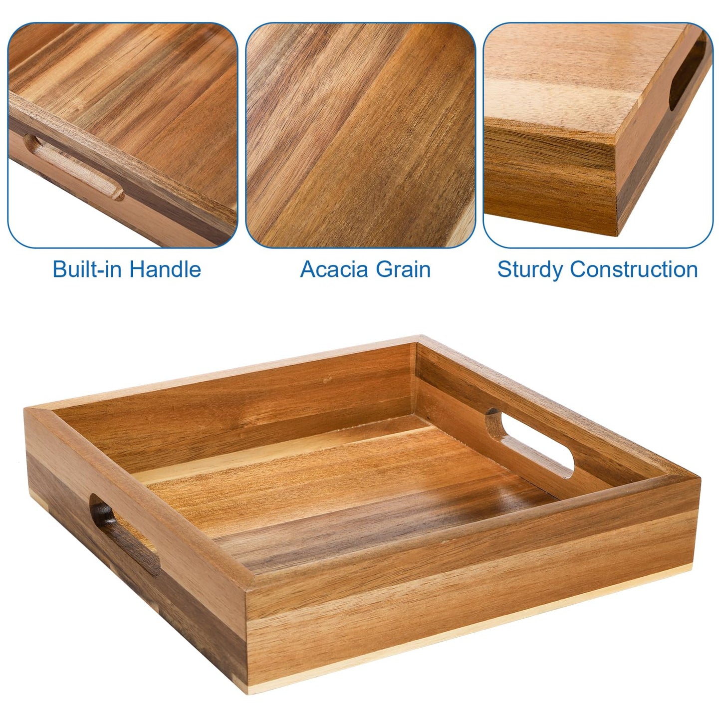 YOUEON Set of 2 Acacia Wood Serving Tray with Handles, 10x10x2 Inch Decorative Serving Trays for Food, Ottoman Tray, Square Coffee Table Trays for Dinner, Coffee, Wine, Appetizer