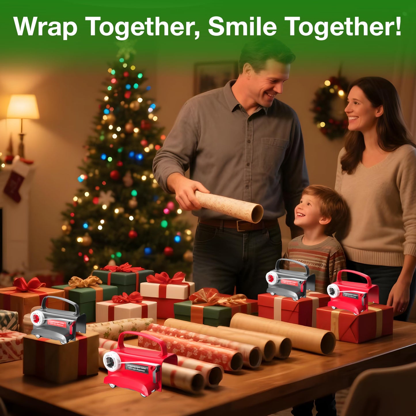 Wraprocut (2-Pack) Wheel Wrapping Paper Cutter & Tape Dispenser with 4 Tapes,2 Replace Blades Kit for Christmas Gift Wrap Cutter Tool Paper Roll Holder Tube Sliding Slicing for Birthday Holiday.