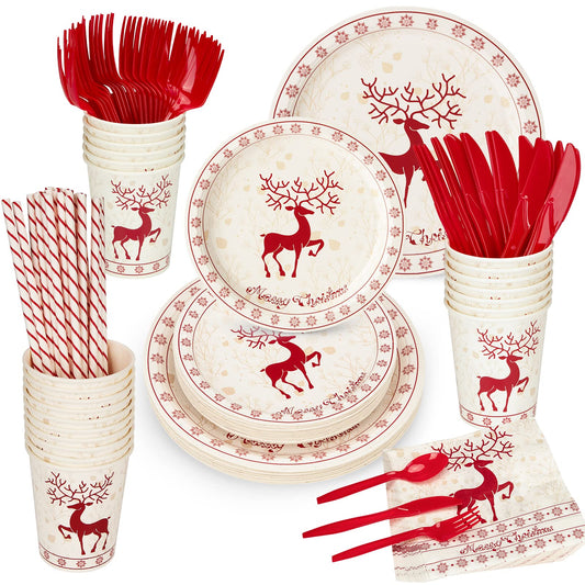215 Pcs Christmas Plates and Napkins Set Serve 25, Christmas Elk Disposable Tableware Set, Christmas Decorations Includes Plates, Cups, Napkins, Christmas Tableware