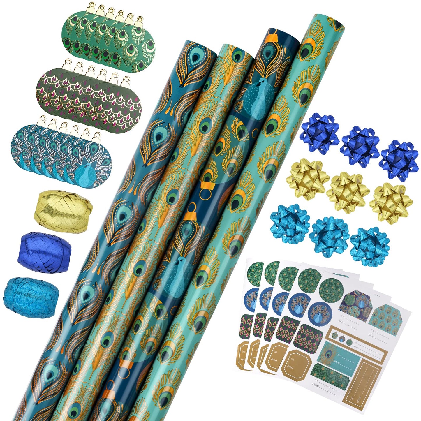 WRAPAHOLIC Peacock Christmas Wrapping Paper Set - Green Peacock Elements Patterns with Metallic Foil Shine Wrapping Paper Bundle with Gift Bow & Ribbon & Tag & Sticker