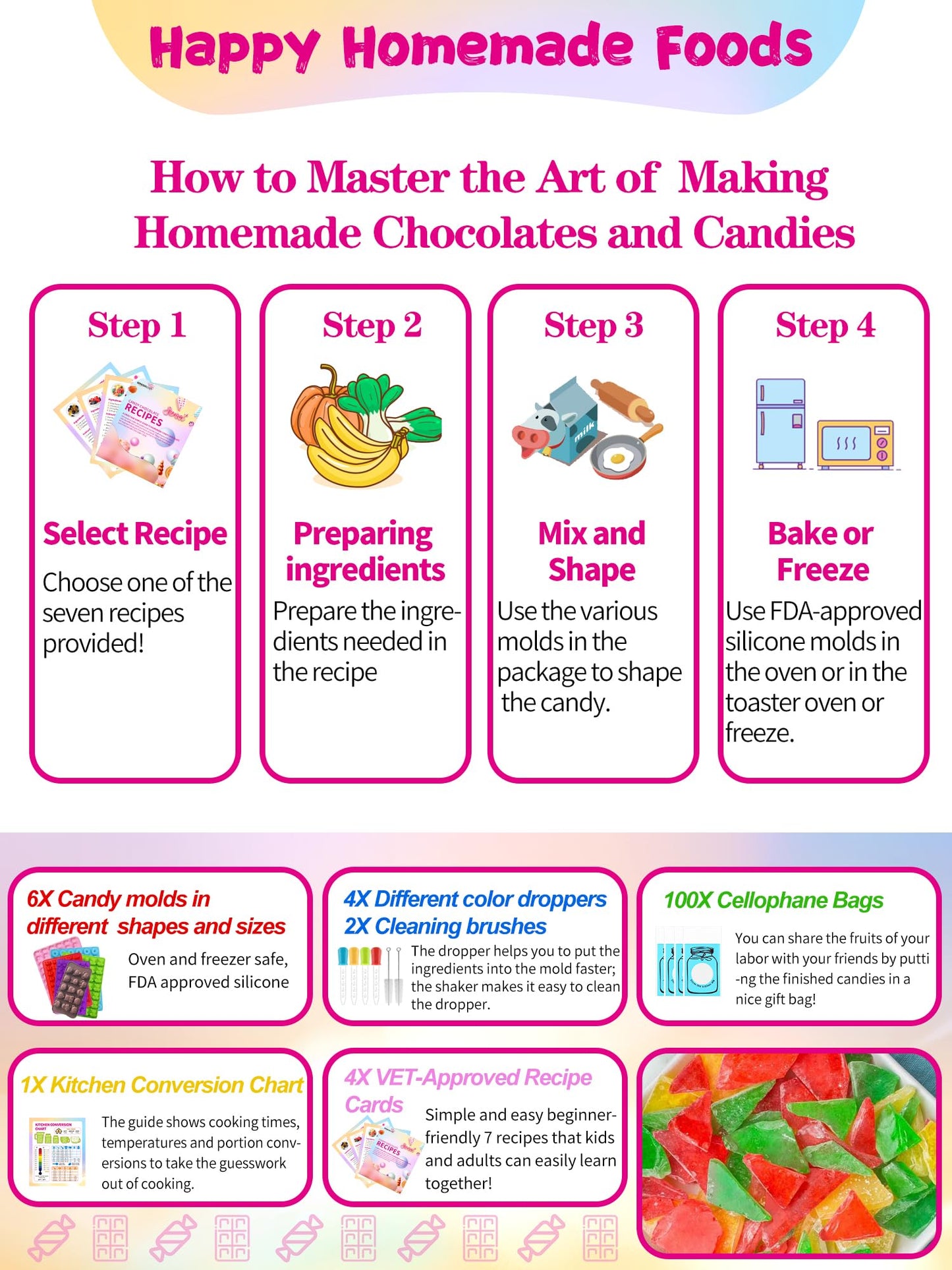 117Pcs Silicone Gummy Bear Molds Kit with 100 Wrappers, 5 Recipe Cards, 4 Droppers & 2 Brushes,Non-Stick Candy Mold for DIY Chocolate, Gummy Bears, Party Favors (Dinosaur, Bear, Fruits, Donut Shapes)