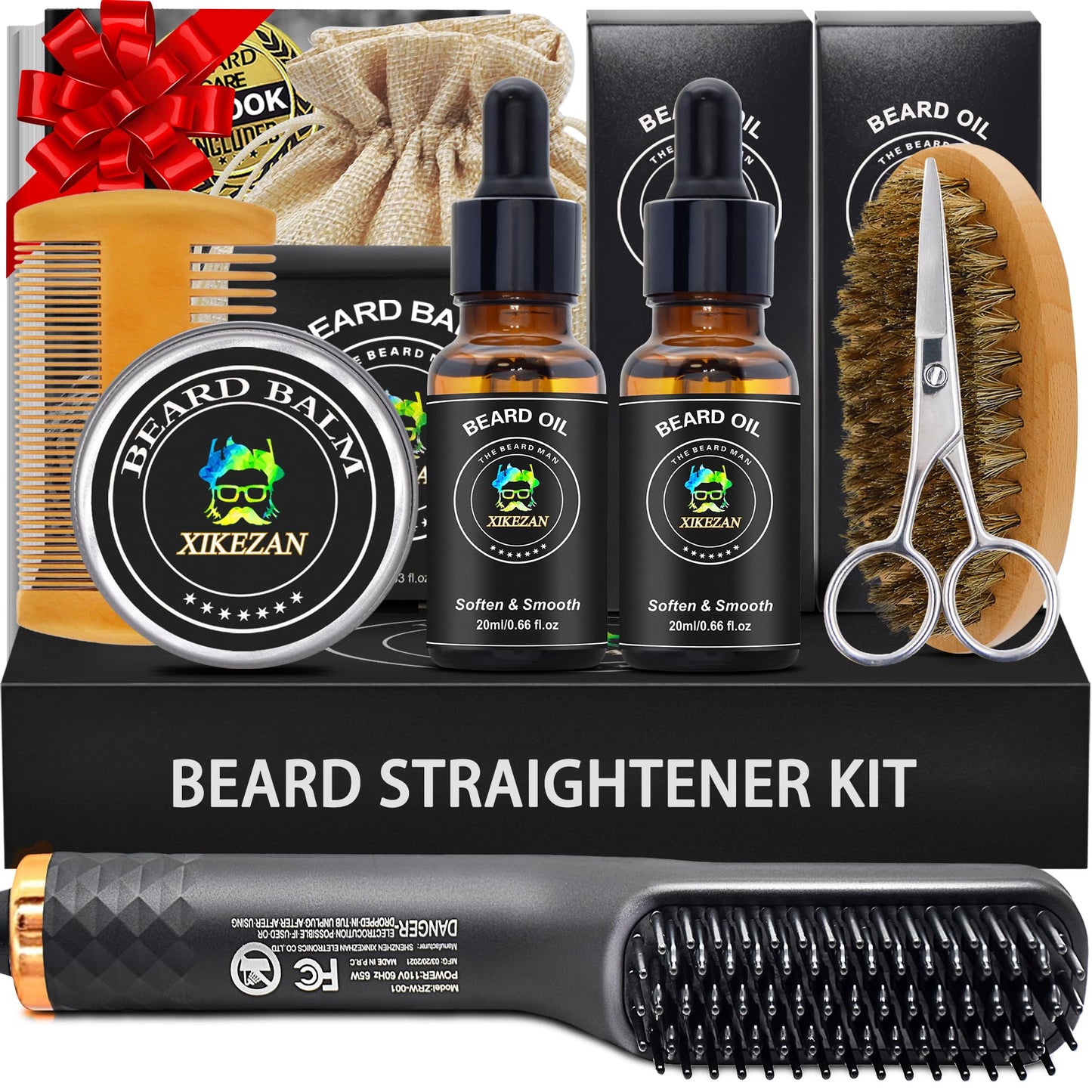 XIKEZAN Beard Kit for Men Grooming & Straightening Set,w/Beard Straightener, 2 Pack Oil, Balm, Comb, Scissor, Brush, Birthday Valentines Gifts for Him Dad Men Boyfriend Christmas Stocking Stuffers