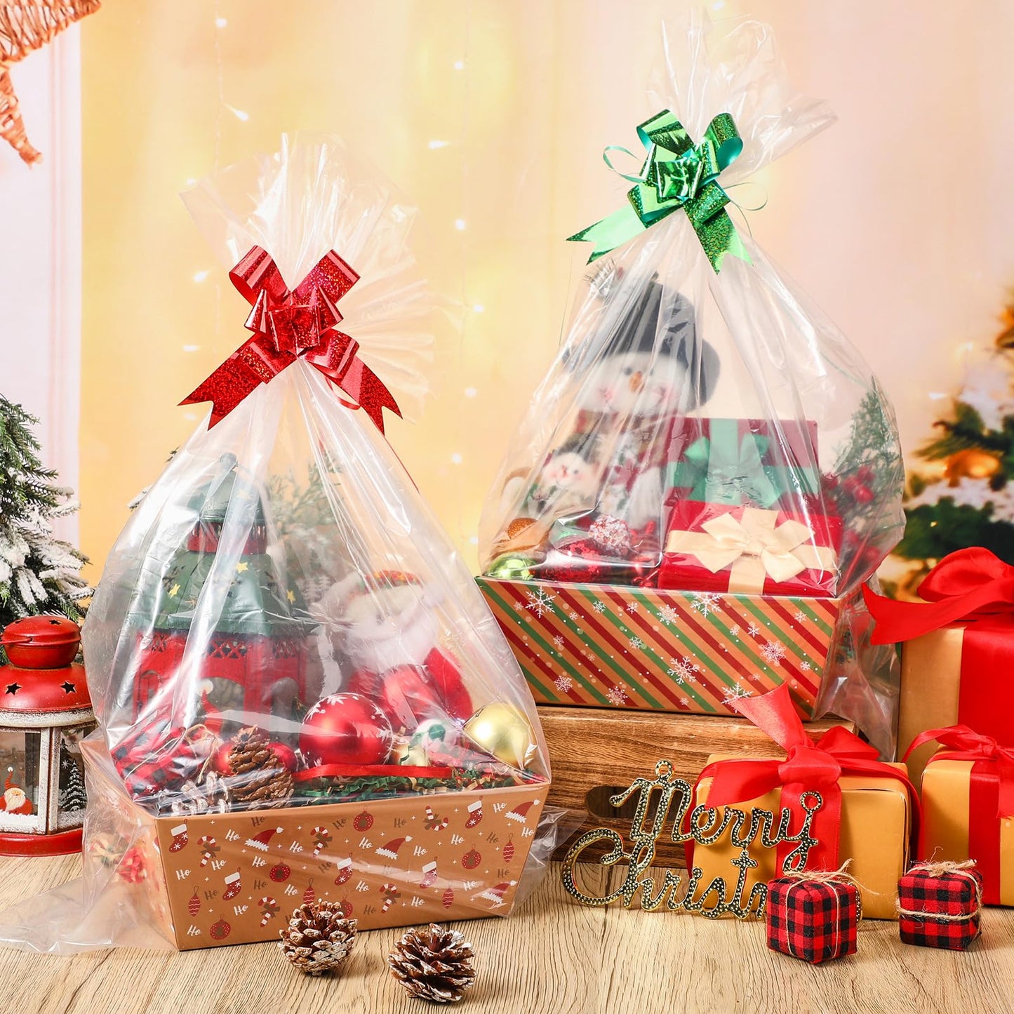 Yexiya 36 Pcs Christmas Baskets for Gifts Empty Diy Bulk Gift Basket Includes 12 Pcs Empty Baskets 12 Pcs Clear Gift Bags, Red Bows and Raffia Gift Basket Kit To Fill For Christmas Anniversary