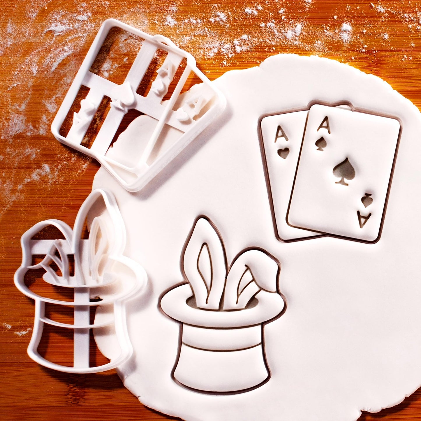 BAKERLOGY Set of 2 Magician themed Cookie Cutters (Designs: Double Ace and Rabbit in a Hat) - Bake Birthday Cookies, Detailed Biscuit Cutter Design for Baking and Crafts, ideal on fondant, dough, clay