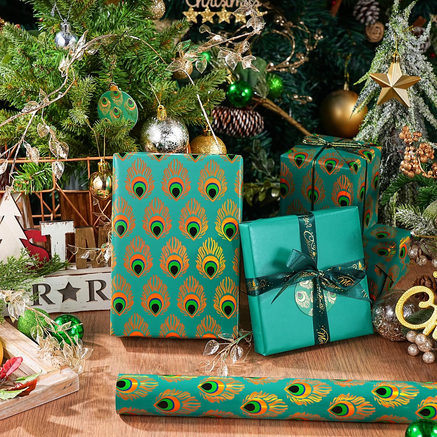 WRAPAHOLIC 30 Inch Jumbo Reversible Peacock Christmas Wrapping Paper - 30 Inch x 100 Feet Jumbo Roll Peacock Feather Wrapping Paper with Metallic Foil Shine for Christmas, Birthday, Holiday