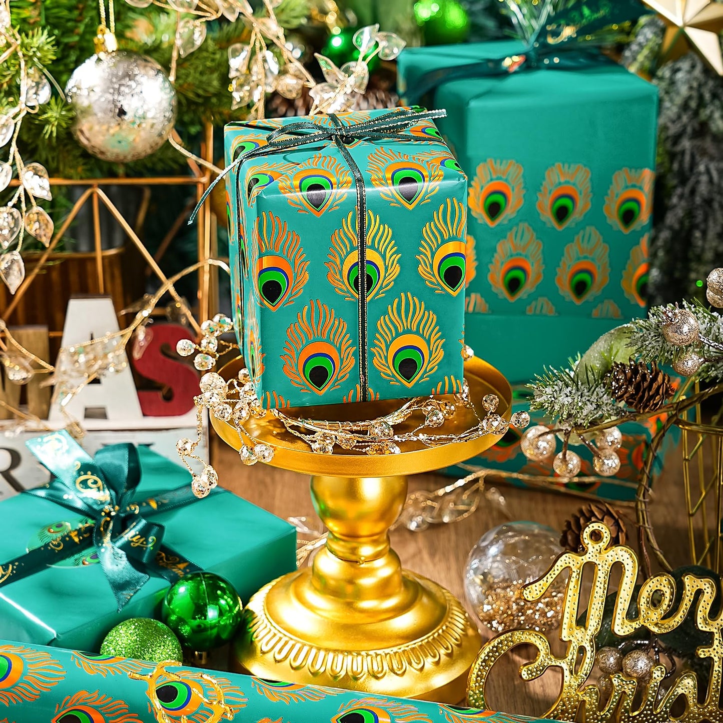 WRAPAHOLIC 30 Inch Jumbo Reversible Peacock Christmas Wrapping Paper - 30 Inch x 100 Feet Jumbo Roll Peacock Feather Wrapping Paper with Metallic Foil Shine for Christmas, Birthday, Holiday