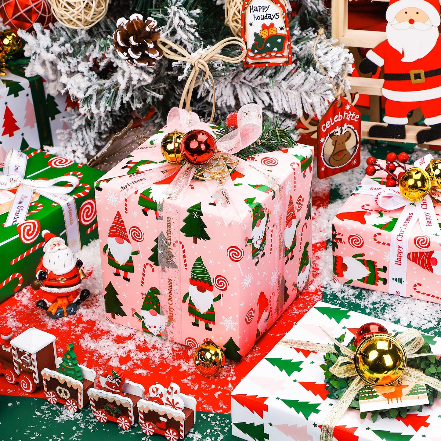 WRAPAHOLIC Christmas Wrapping Paper Set - Christmas Gnome Elf Holiday Collection Wrapping Paper Bundle with Gift Bow & Ribbon & Tag & Sticker