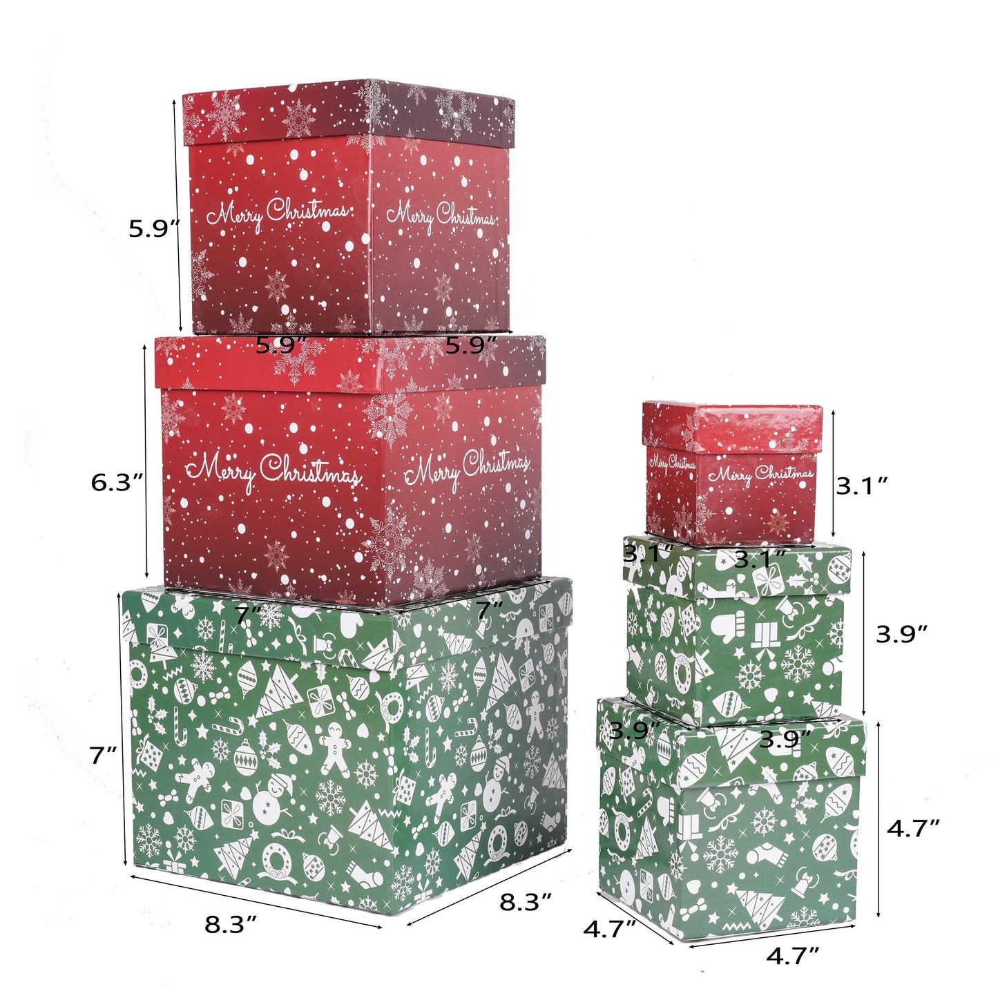 Lyforpyton 6PCS Christmas Nesting Gift Boxes with Lids Xmas Nested Box Set Red Green Square Stackable Gift Box for Christmas New Year Packaging