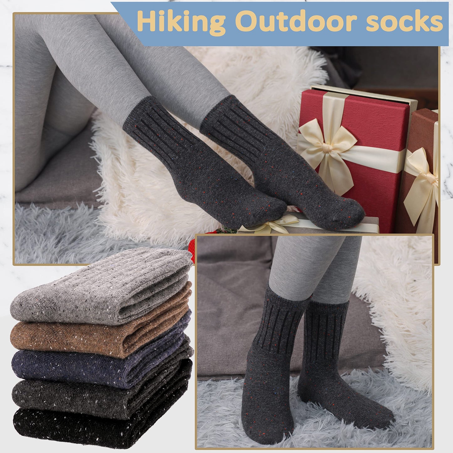 EBMORE 5 Pairs Merino Wool Socks for Women Thermal Warm Thick Winter Hiking Knit Cozy Crew Duty Work Soft Socks Stocking Stuffers Gift for Ladies 5 Pack(Dot Stripes(5 pairs))
