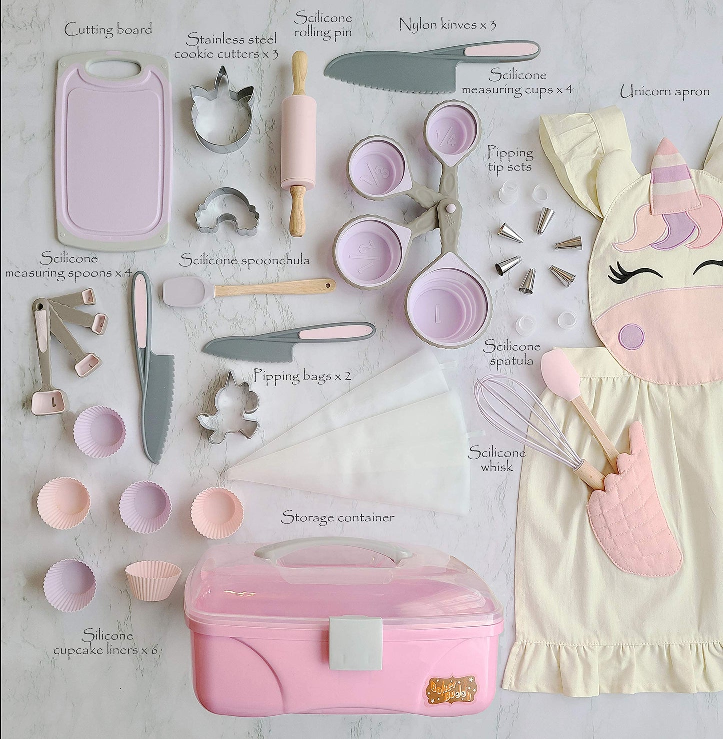 Baker Buddy Unicorn Kids Real Baking Set with Storage case, Real Working Utensils, Cookie Cutters, and Baking Supplies, Beautiful Unicorn Apron for Kids.