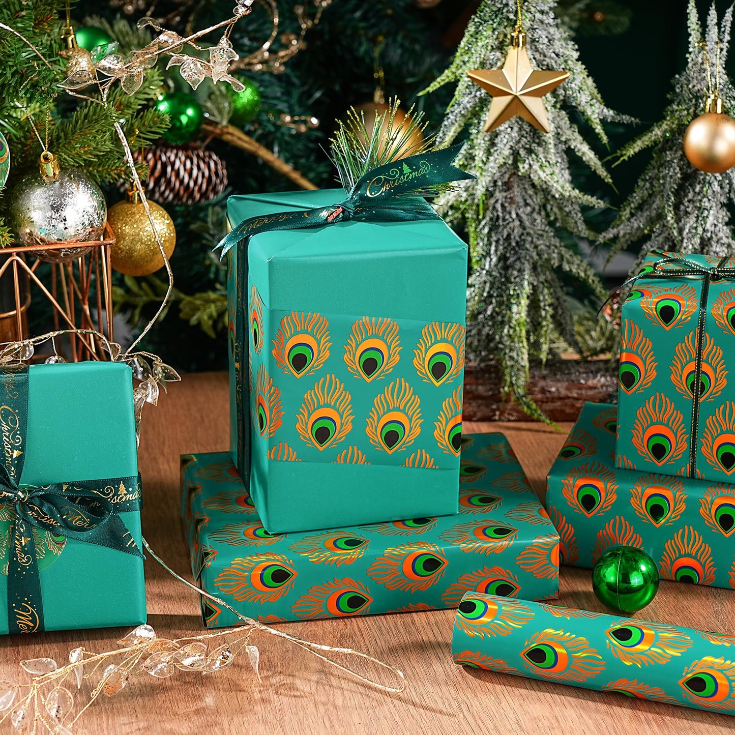 WRAPAHOLIC 30 Inch Jumbo Reversible Peacock Christmas Wrapping Paper - 30 Inch x 100 Feet Jumbo Roll Peacock Feather Wrapping Paper with Metallic Foil Shine for Christmas, Birthday, Holiday