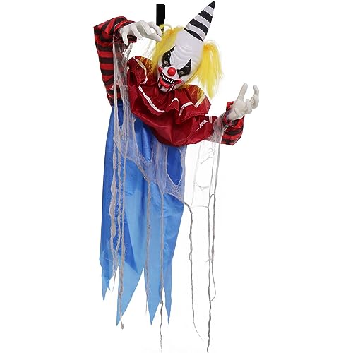 Haunted Hill Farm Animatronic Twisting, Talking Clown Greeter with Folding Door Hook for Scary Hanging Halloween Decoration