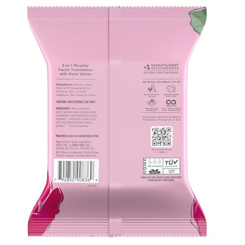 Burt's Bees Back To School Dorm Essentials, Rose Water Face Wipes, for All Skin Types, Hydrating Micellar Makeup Remover & Facial Cleansing Towelettes, 30 Ct (3-Pack)