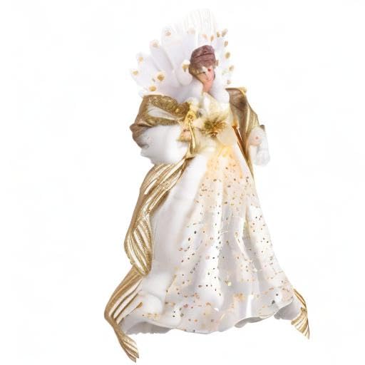 Valery Madelyn Lighted Christmas Tree Topper Angel with Timer, 16 Inch Luxury White Gold Fabric Small Angel Tree Topper with Lights for Christmas Tree Decor Indoor, Battery Operated, Valentines Gift